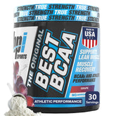 BPI Sports bote frontal Best BCAA uva mostrando diseño y beneficio refrescante