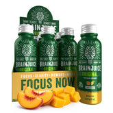 BrainJuice frente del envase mostrando botella y sabor durazno mango para consumo inmediato