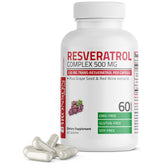 Bronson frasco frontal mostrando Resveratrol 500 y beneficios antioxidantes