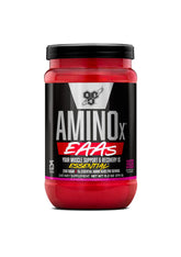 Envase BSN AMINOx EAAs frontal mostrando la marca y sabor Sandía Splash, aporta confianza