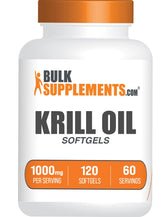 BulkSupplements frasco de aceite de krill 1000 mg mostrando el envase y beneficio conveniencia