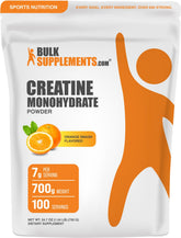 BulkSupplements envase frontal de creatina Orange Smash con etiqueta clara y beneficios