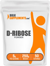 BulkSupplements envase frontal de D-Ribose mostrando tamaño y marca, ideal para confianza de compra
