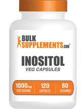 BulkSupplements frasco frontal de Inositol 1000 mg muestra etiqueta clara y beneficios