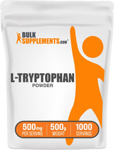 BulkSupplements envase frontal de L-Tryptophan 500 g mostrando el tamaño y la marca
