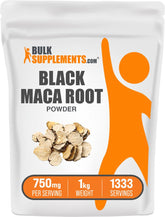 BulkSupplements envase de maca negra mostrando presentación 1 kg y conveniencia