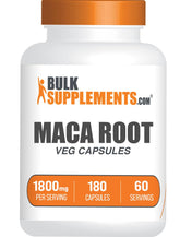 BulkSupplements envase frontal de Maca Root 180 cápsulas, presenta dosificación clara y comodidad