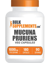 BulkSupplements frasco frontal de Mucuna Pruriens mostrando etiqueta y cantidad