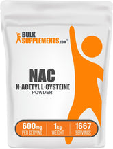 BulkSupplements envase frontal del NAC en polvo mostrando cantidad y formato, confianza en calidad