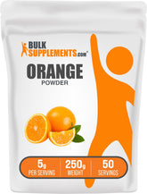 BulkSupplements empaque frontal de polvo de naranja, sabor natural y práctico
