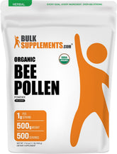 BulkSupplements empaque frontal de polen de abeja orgánico, presentación clara y práctica