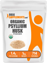 BulkSupplements empaque frontal del psyllium husk orgánico mostrando el tamaño y beneficios