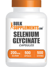 BulkSupplements envase frontal de Selenium Glycinate mostrando 500 cápsulas y beneficio de cantidad