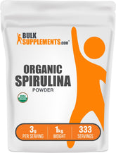 BulkSupplements envase frontal de spirulina orgánica mostrando tamaño y etiqueta