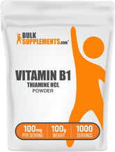 BulkSupplements envase frontal de Thiamine HCl en polvo, presentación clara y pura