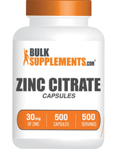 BulkSupplements frasco delantero de Zinc Citrate, envase claro y dosis visible