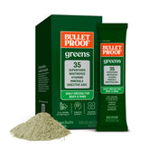 Bulletproof frontal del paquete Greens con diseño y beneficios visibles