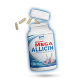 BuyNaturally frasco frontal de Mega Allicin mostrando etiqueta y beneficio práctico
