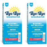 Bye-Bye Weekend frente del empaque mostrando 20 sobres y sabor fresa, conveniente y portátil