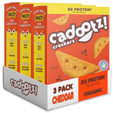 cadootz empaque frontal cheddar mostrando porciones y sello orgánico
