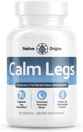 Calm Legs frente del envase mostrando presentación de 60 tabletas y beneficios