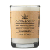 Cannabolish vela frontal en envase de vidrio mostrando diseño y beneficio neutralizador