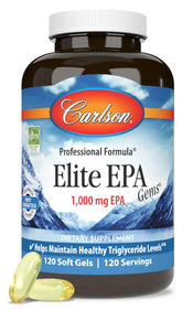 Carlson envase frontal Elite EPA Gems mostrando 120 cápsulas y beneficio de alta EPA