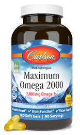 Carlson envase frontal mostrando 180 softgels y beneficios de omega-3
