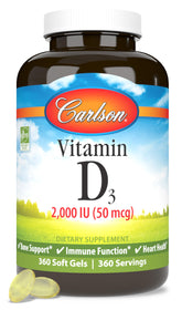 Carlson frasco frente mostrando 360 softgels y beneficios para huesos