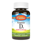 Carlson envase frontal de Vitamina D3 10,000 IU mostrando tamaño y diseño