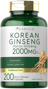 Carlyle frasco frontal del Korean Ginseng mostrando la marca y cantidad de cápsulas