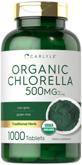 Carlyle envase frontal de chlorella mostrando cantidad y formato, beneficio de claridad