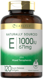 Carlyle envase frontal de vitamina E 1000 UI mostrando la etiqueta y cantidad