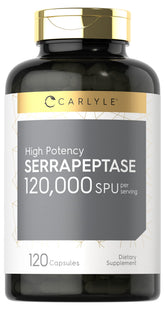 Frasco Carlyle Serrapeptase 120000 SPU mostrando etiqueta y cantidad 120 cápsulas, confianza de marca