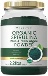 Carlyle spirulina frente del envase mostrando tamaño y sello orgánico