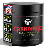 Carnivore Electrolytes frente del envase mostrando 90 porciones y etiqueta clara