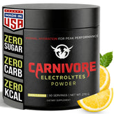 Carnivore Electrolytes envase frontal mostrando 90 servicios y sabor limón