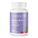Celebrate B-12 frontal del envase mostrando 90 tabletas y beneficio práctico