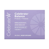 Celebrate Vitamins frasco de Balance Probiotic en primer plano mostrando la etiqueta y beneficio digestivo