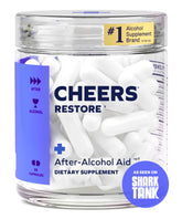 Cheers Restore vista frontal del envase que muestra 12 dosis y marca clara