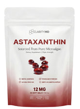 ClarityMD astaxanthin vista frontal del envase que muestra la dosis y beneficio antioxidante