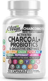 Clean Nutraceuticals frasco frontal mostrando CharcoBiotic y su beneficio digestivo