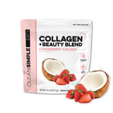 Clean Simple Eats envase frontal mostrando etiqueta y sabor fresa colada beneficios visuales
