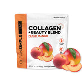 Clean Simple Eats frontal del paquete Collagen + Beauty Blend mostrando sabor Peach Mango y beneficios