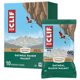 CLIF Bar frente del empaque Oatmeal Raisin Walnut mostrando beneficios