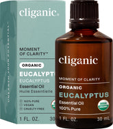 Cliganic frasco frontal mostrando aceite eucalipto, calidad orgánica