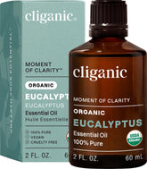 Cliganic botella frontal mostrando aceite de eucalipto orgánico y confianza