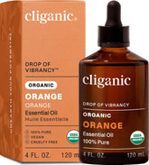 Frasco Cliganic de 4 oz de aceite de naranja dulce mostrando etiqueta y beneficios