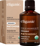 Cliganic frasco frente mostrando patchouli orgánico y calidad