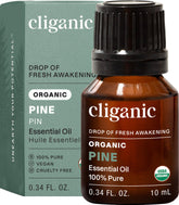 Cliganic frasco frontal de aceite de pino mostrando el envase y beneficio de pureza
